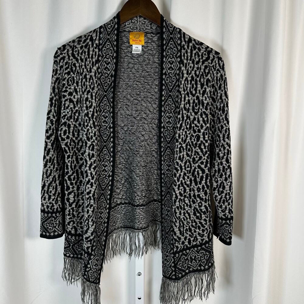 Ruby Rd. Gray Silver Metallic Cheetah Leopard Open Cardigan Sweater PXL Fringe